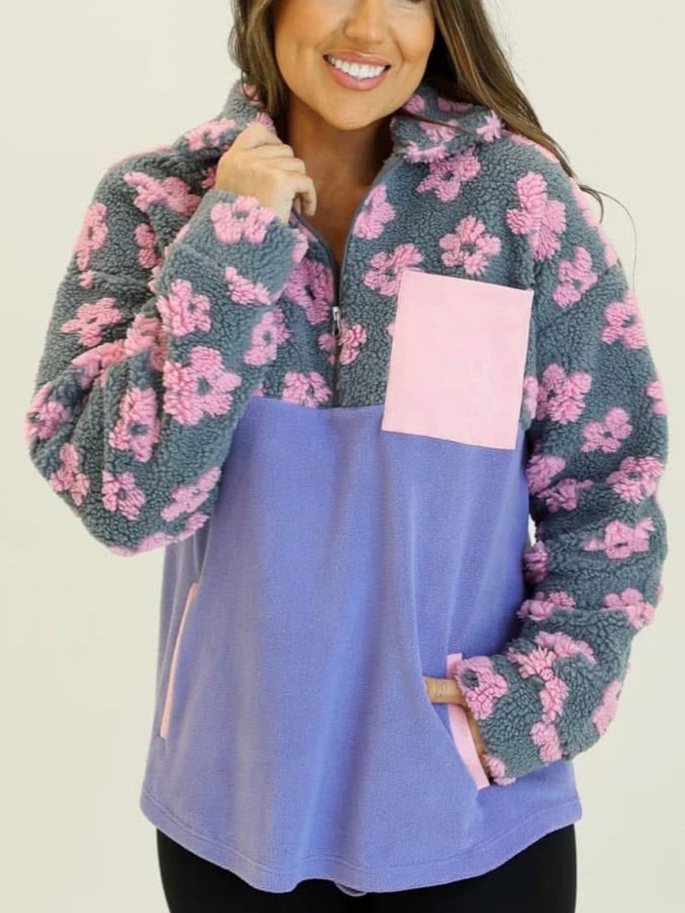 Cozy Floral Sherpa Pullover Sweater - Lavender & Pink